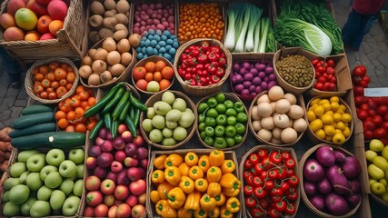 A colorful display of fresh fruits and vegetables at a market.
