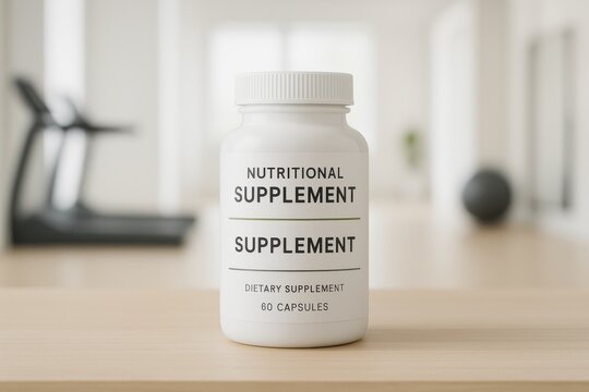 Nutritional supplement bottle on a wooden table in a fitness studio, representing health, wellness, and dietary support for an active lifestyle.