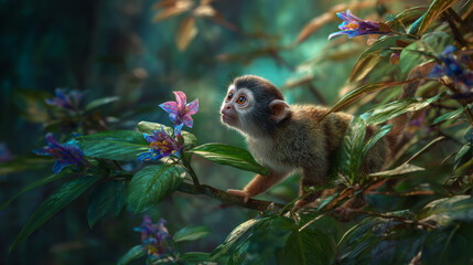 Obraz premium Curious squirrel monkey looking at colorful jungle flowers