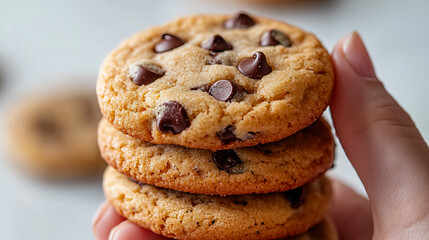 Stack of freshly baked chocolate chip cookies held gently in hand close up for National Cookie Day, Chocolate Chip Cookie Week, Cookie Exchange Day, Homemade Cookies Day