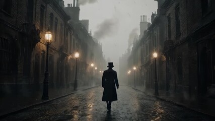 Mysterious Silhouette Walks Down Foggy Gaslit Victorian Street at Night. - Powered by Adobe