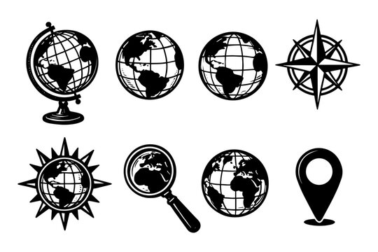 Monochrome globe and navigation icons featuring classic compass and magnifying glass