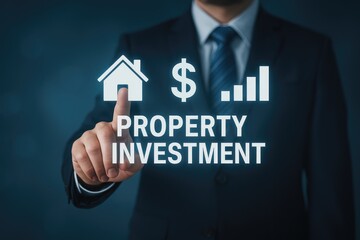 Businessman interacting with property investment graphic showing growth and wealth building opportunities