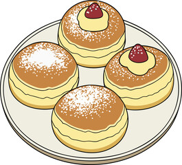 Illustration of four hanukkah sufganiyot doughnuts on