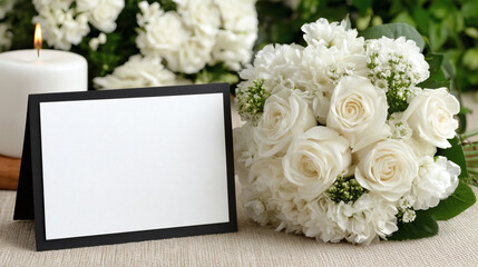 Elegant white rose bouquet with blank card and lit candle evoke somber reflection and heartfelt sympathy
