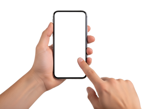 Person Tapping Black Smartphone with Blank White Screen Held in Hand, ideal for UI/UX app mockup, digital marketing, and web design concepts, isolated on transparent background.