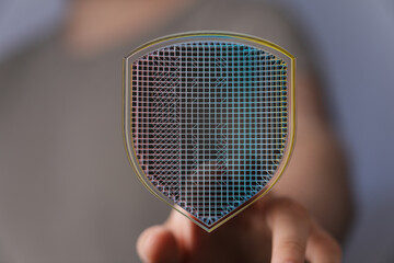Hand holding a digital shield with a grid design, representing data protection, cyber security,...