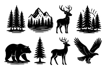 Fototapeta premium Wildlife silhouette collection featuring forest animals and scenery