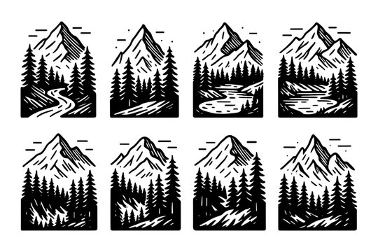 Set of black and white mountain scene designs with pine trees