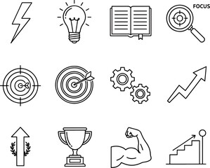 Collection of Business and Success Icons Featuring Lightning Bolt, Lightbulb, Book, Magnifying Glass, Targets, Gears, Growth Arrow, Trophy, Muscle Arm