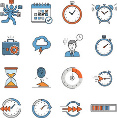 Collection of Business and Time Management Icons with a Man Multitasking Calendar Stopwatch Hourglass and Progress Bar