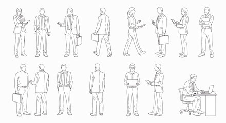 Collection of Business People Posed in Various Professional Scenarios, Diverse Office Professionals in Suits and Casual Attire