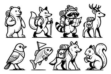 Obraz premium Adventurous animals: black and white hiking cartoon characters in nature