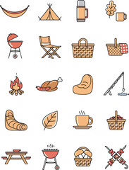 Collection of Camping and Outdoor Picnic Icons Flat Design Style with Warm Orange and Red Colors Representing Leisure and Fun