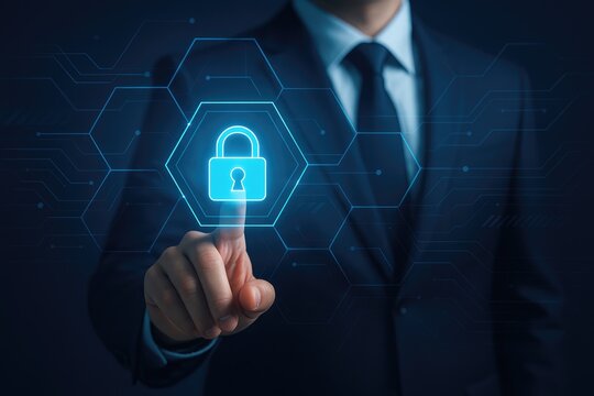 Businessman touching digital padlock for network security and data protection, cyber safety.