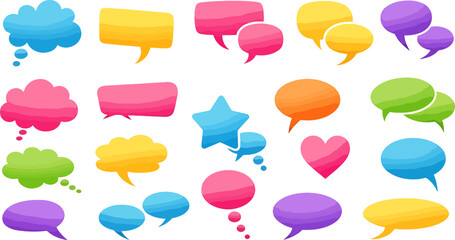 Collection of Colorful Cartoon Speech Bubbles and Thought Clouds for Communication Concepts, Diverse Shapes and Sizes