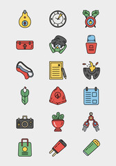 Collection of colorful flat icons representing various objects and symbols for design and technology, diverse icon set