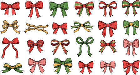Collection of colorful hand-drawn bows for Christmas decoration and gift wrapping, festive design elements