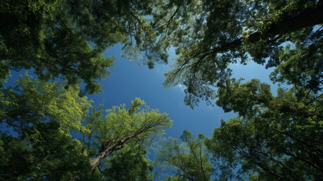 green tree canopy against blue sky serene upward nature photography view