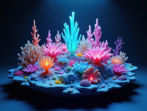 Vibrant illuminated coral reef with glowing underwater plants and sea life