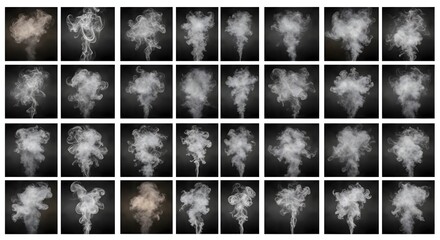 A diverse collection of realistic white smoke plumes and vapor cloud elements isolated on a black background, perfect for visual effects overlays and design projects