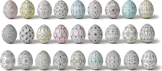 Collection of Decorative Easter Eggs with Intricate Black and White Patterns and Subtle Pastel Colors Isolated on White