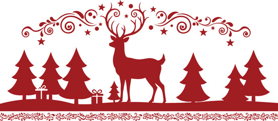 Christmas reindeer silhouette, pine trees, holiday gifts, festive border, winter decoration, seasonal vector, red illustration, celebration design, Christmas ornament, artwork © Mst