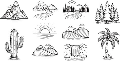 Collection of Diverse Nature Landscapes and Elements Illustrated in a Simple Line Art Style, Including Mountains, Rivers, Forests, and Cacti