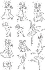 Collection of Diverse People Dancing and Celebrating in Various Styles, From Ballet to Social Dances