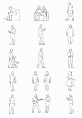 Collection of diverse outline people figures in various poses and activities standing sitting and walking, black and white vector set