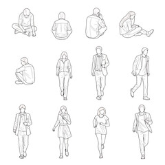 Collection of diverse people in various casual and business outfits, depicted in line art style for architectural and design projects.
