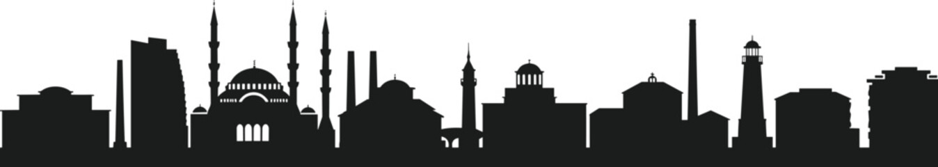 City skyline silhouette, mosque minarets, domed architecture, Islamic cityscape, Middle Eastern skyline, cultural heritage, urban landscape, modern and traditional buildings