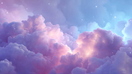 A view of fluffy pastel clouds with hints of pink and purple and a blue sky above