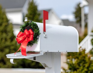 A white mailbox with its flag up, decorated with a festive green wreath and a large red bow, in a suburban setting.