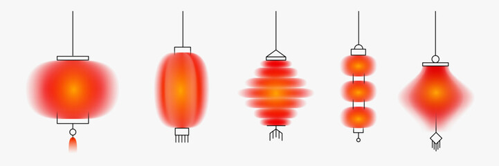 Chinese lanterns design various form. Set of holiday elements in modern minimalist blurred or gradient style. Festive bright decoration for branding banner, card, poster. Vibrant vector illustration. © cgterminal
