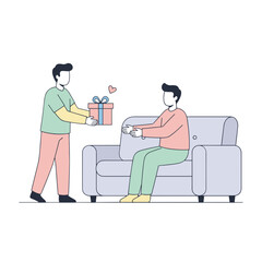 Two Men Exchanging A Pastel Colored Gift Box With A Blue Bow In A Minimalist Style With Soft Pastel Colors And Simple Outlines Against A White Background