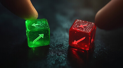 Fingers choosing between green upward arrow dice and red downward arrow dice