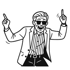 Fototapeta premium Happy elderly man dancing in sunglasses and jacket, black and white vector illustration, positive aging and fun lifestyle
