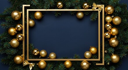 Luxurious christmas frame featuring golden baubles and bows amidst pine branches, set against a dark blue background