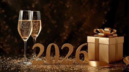 Golden new year 2026 celebration with champagne and gift