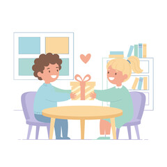 Smiling Boy Gives Present to Happy Girl Sitting at Table in Cozy Room with Bookshelf and Window