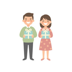 Smiling Couple Holding Wrapped Presents with Ribbons and Sparkles in Minimalist Flat Design Vector Art on White Background with Clean Edges