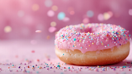 Sweet pink donut with colorful sprinkles delights on a pastel background celebrations