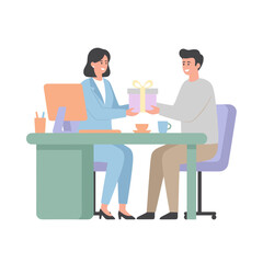 Smiling woman in blue suit presents gift box to man in grey sweater at desk with computer and coffee cup soft color palette