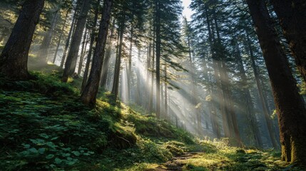 Fototapeta premium Sunlight Filtering Through Towering Trees in a Serene Forest Landscape with Lush Greenery and Fog Creating a Mystical Atmosphere