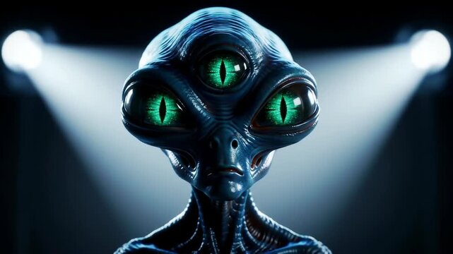 Close-up of a three-eyed alien under spotlights, for science fiction, UFO, or paranormal concepts