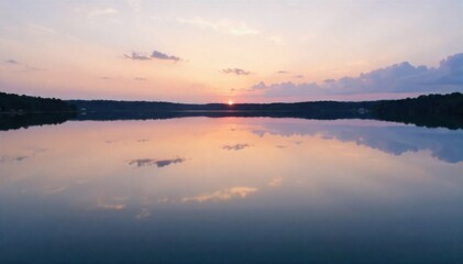 Sunrise Over Serene Waters A perfectly still lake reflecting a spectacular sunrise. The sky is painted with soft hues of orange, pink, and gold, with delicate clouds adding texture. The water is a