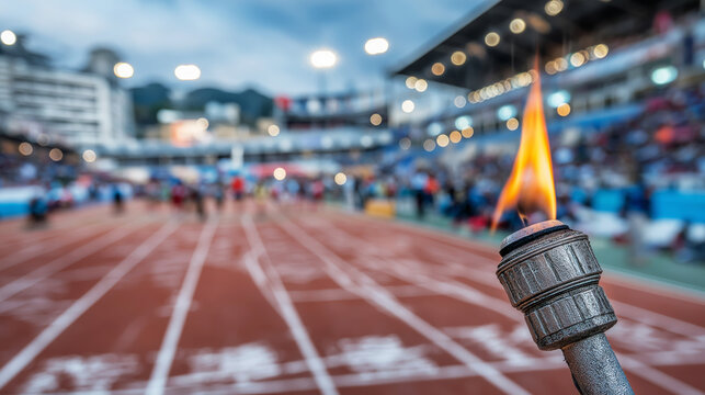 Athlete raising a torch with bright orange flame during sports event, capturing energy and victory with vibrant atmosphere and copy space - Powered by Adobe