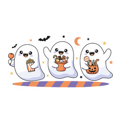 Three Cute Cartoon Ghosts Carrying Candy Bags and Popcorn on Halloween Night with a Crescent Moon and Stars in the Background