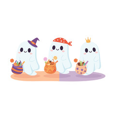 Three Cute Cartoon Ghosts In Minimalist Flat Style Carrying Candy Buckets Wearing Halloween Hats And Crowns On A Pastel Background